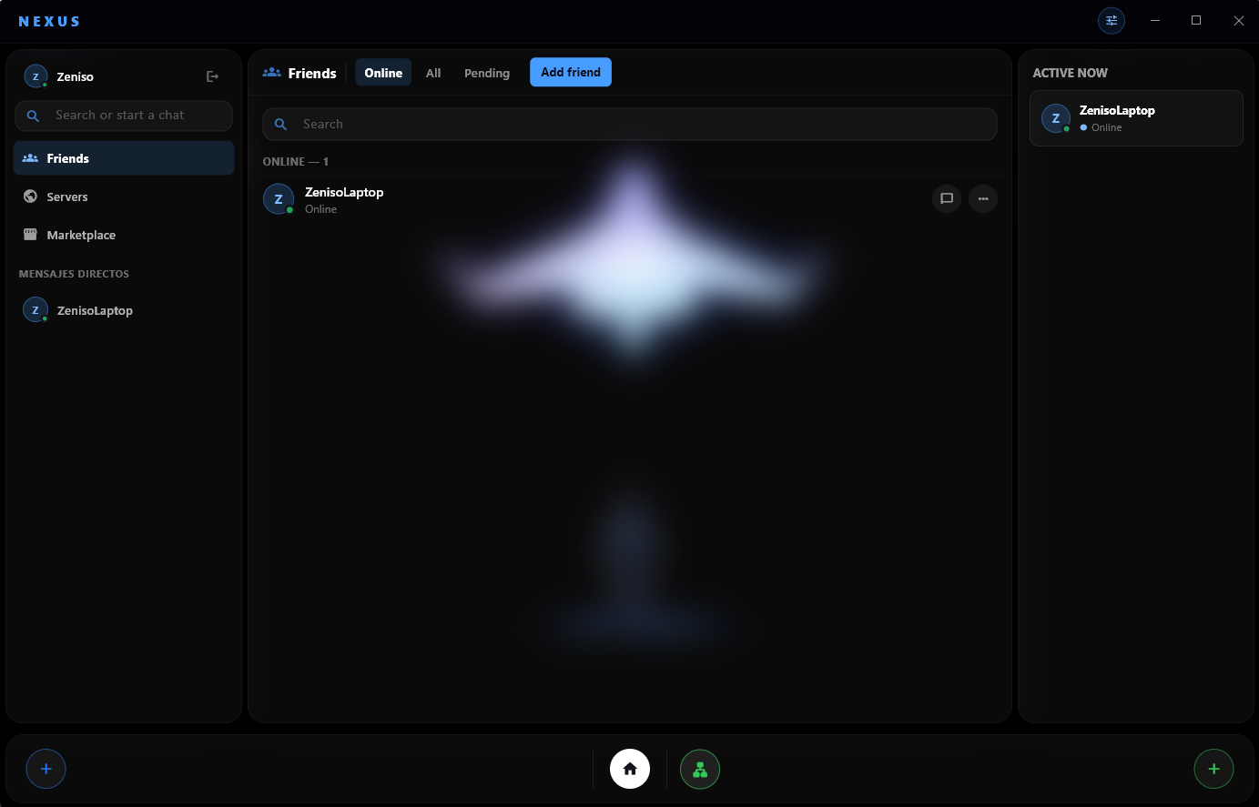 Nexus development build showing the friends list, direct messages and online presence